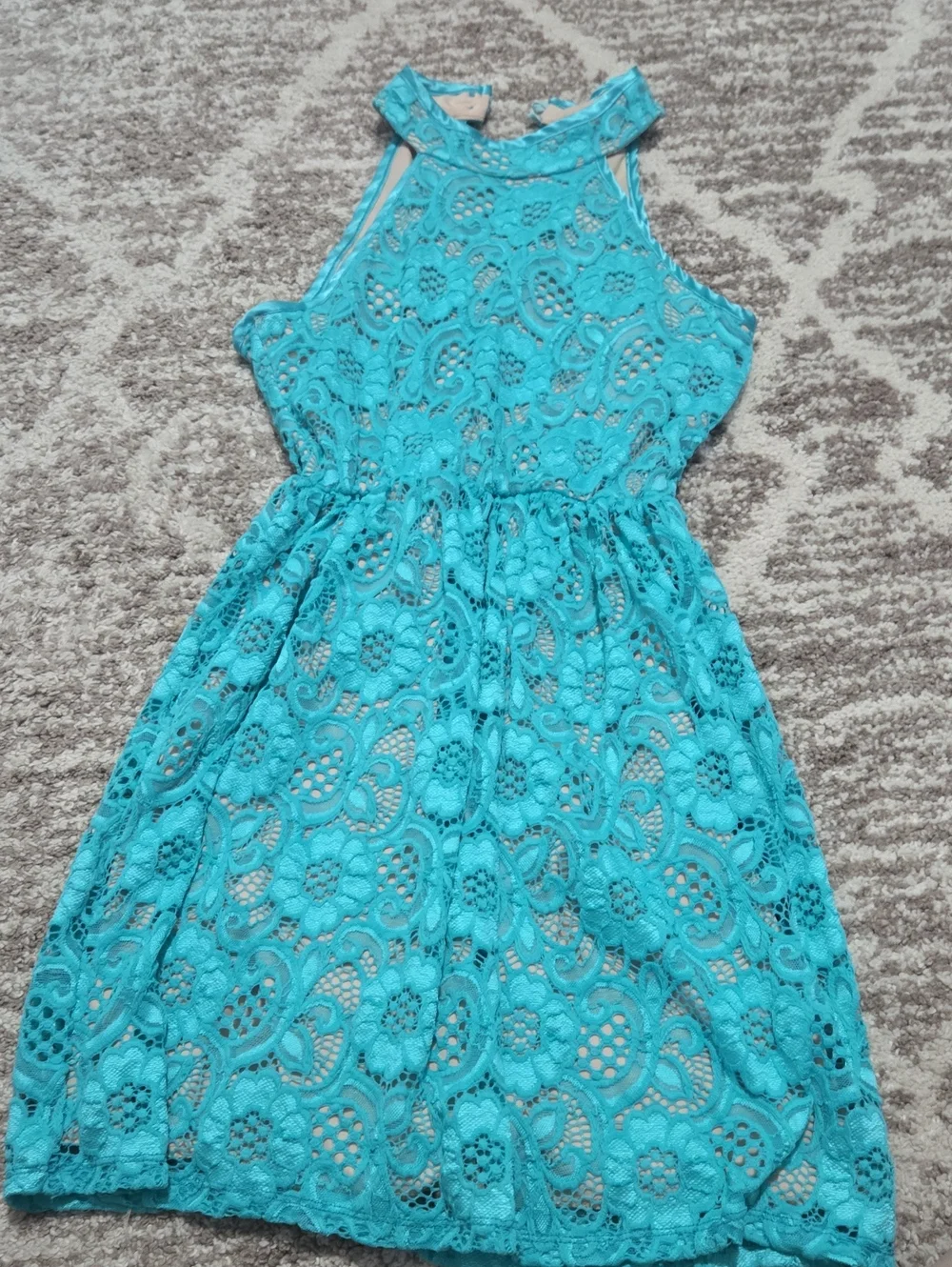 Honey and Rosie Bright Turquoise Lace High-Neck Fit-and-Flare Dress